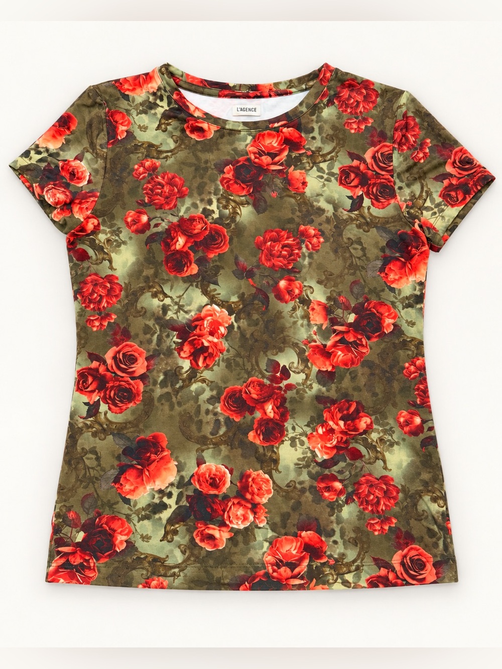 L’AGENCE Ressi Santa Fe Rose Floral Tee Green Red Small